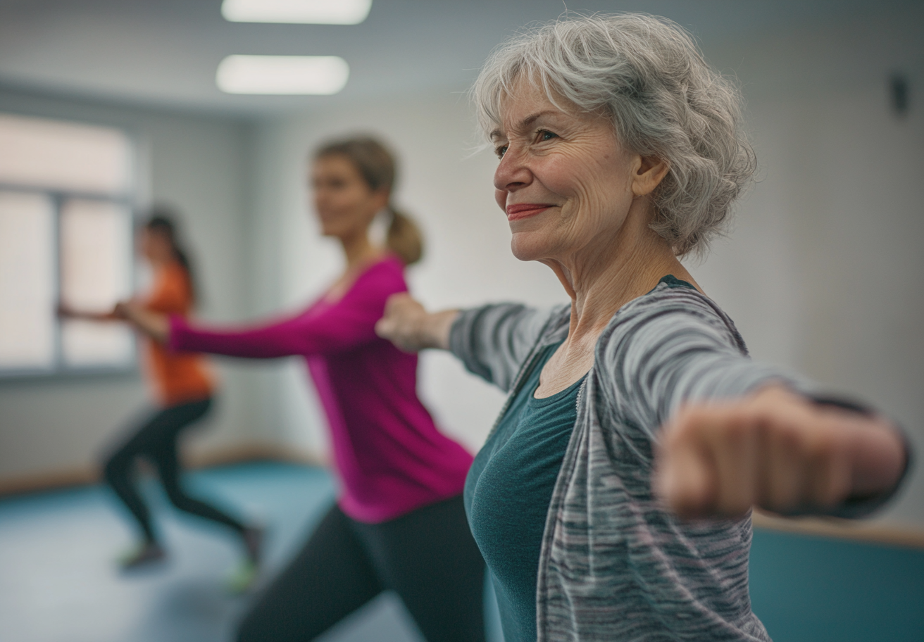 Літня пара займається розтяжкою в парку